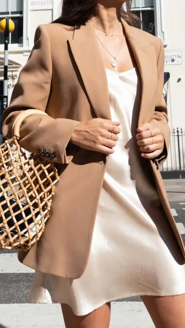 nude-champagne satin slip dress + brown blazer