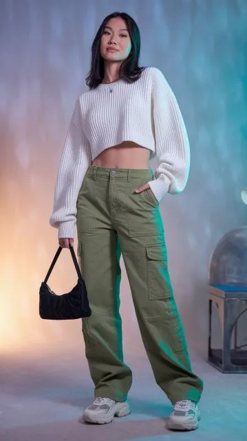 olive cargo pants + cream cropped cardigan