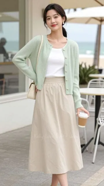 sage green knit sweater + beige midi skirt