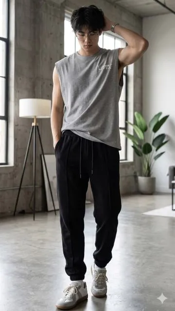 kombinasi tank top dan jogger pants pria