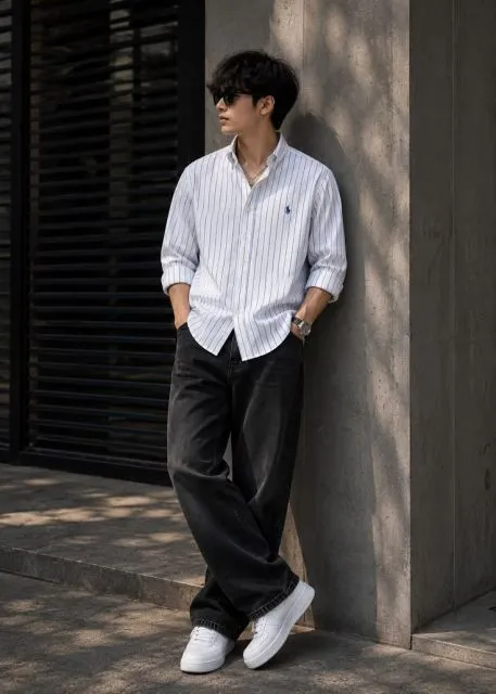 stripe shirts dan wide leg pants