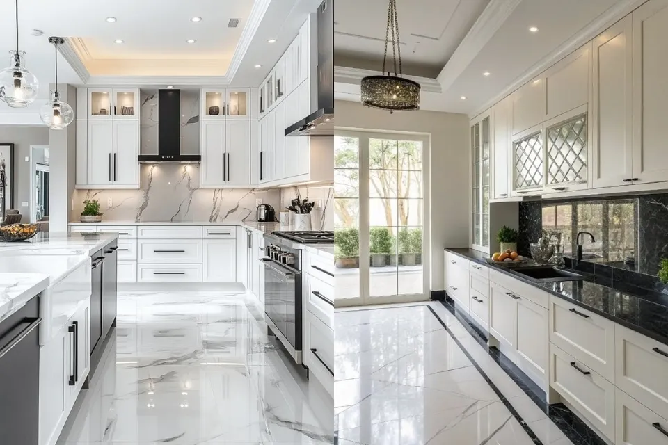 Paling Dicari, Ini 9 Warna Keramik Lantai Dapur yang Bagus dan Instagramable 12 Contoh keramik lantai dapur motif marmer putih untuk tampilan mewah minimalis