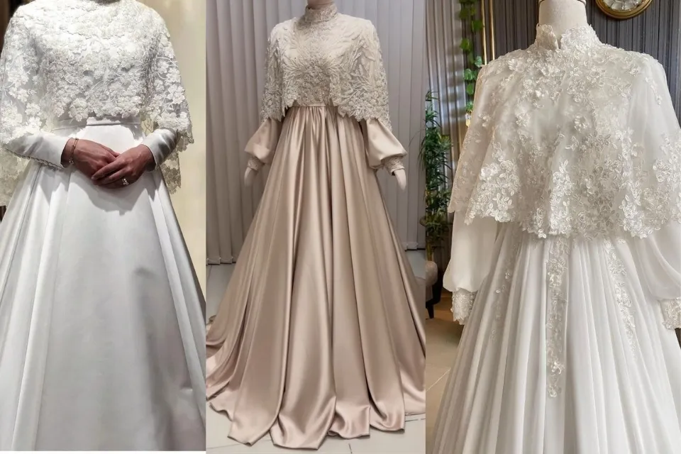9 Inspirasi Baju Akad Nikah Simple Elegan yang Sakral, Nyaman, dan Nggak Harus Heboh 18 baju akad nikah modern kebaya dengan cape detachable