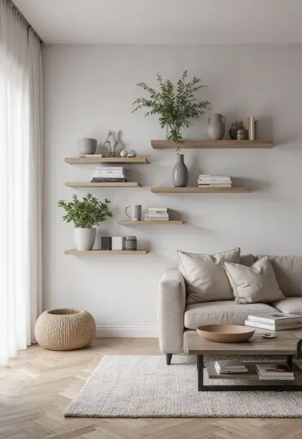 7 Hiasan Dinding Ruang Tamu Mewah untuk Interior Estetik 13 floating shelves