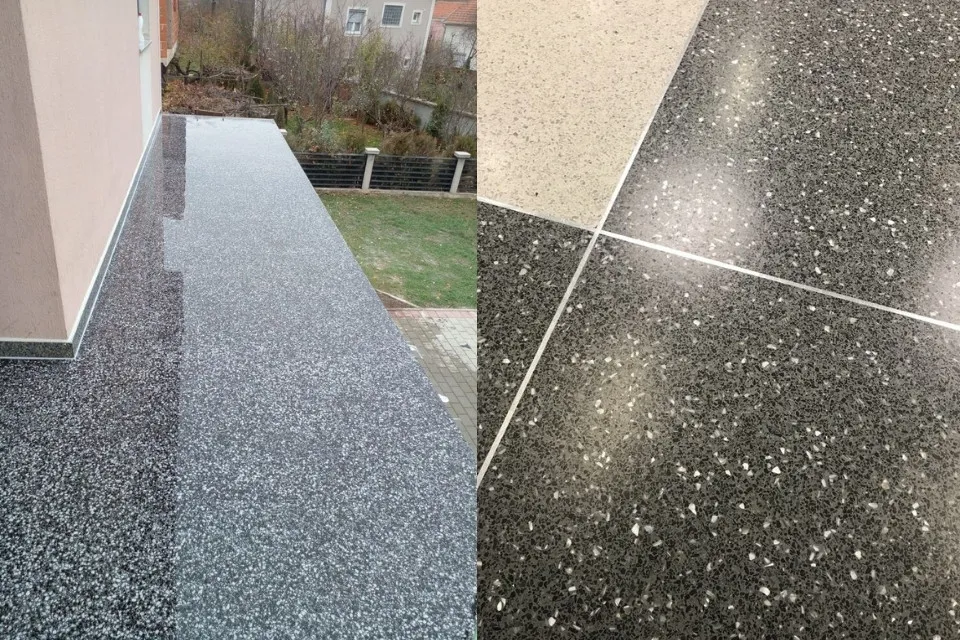 14 Warna Keramik Lantai Teras yang Bagus dan Estetik, Nggak Gampang Kotor 26 hipwee-keramik terrazzo gelap untuk teras modern