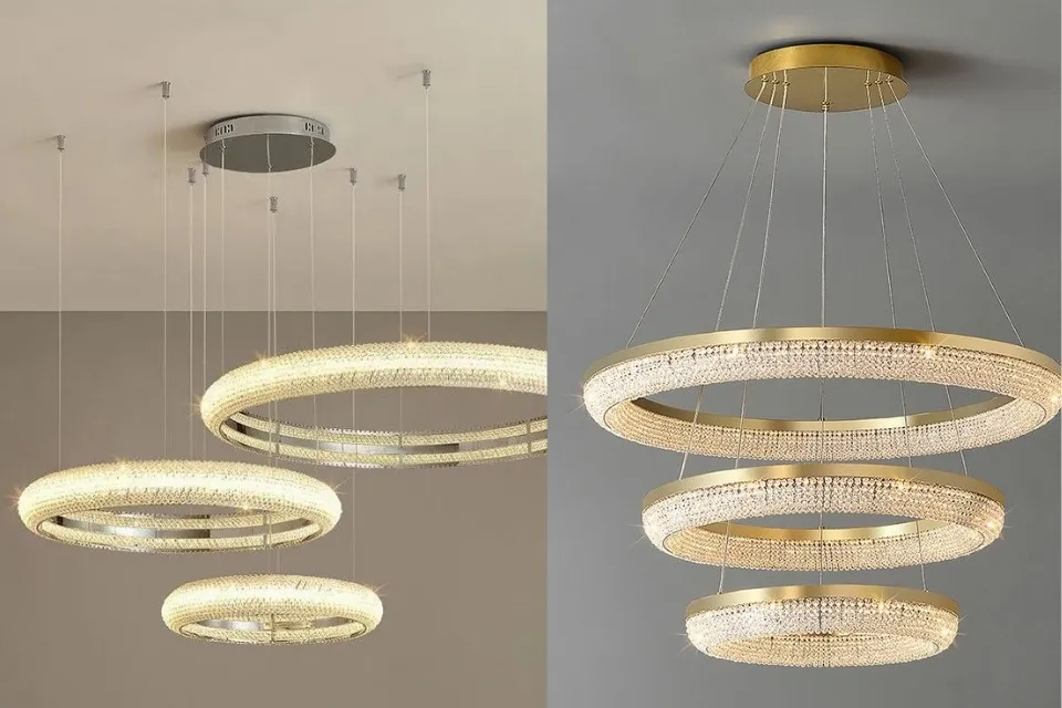 11 Model Lampu Ruang Tamu Minimalis Terbaru yang Bikin Ruangan Makin Estetik 18 lampu gantung kristal 3 ring minimalis