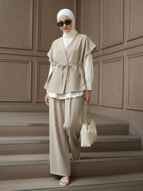 7 Outfit ke Mall Hijab yang Modis dan Nyaman Dipakai 13 long vest dan celana palazzo
