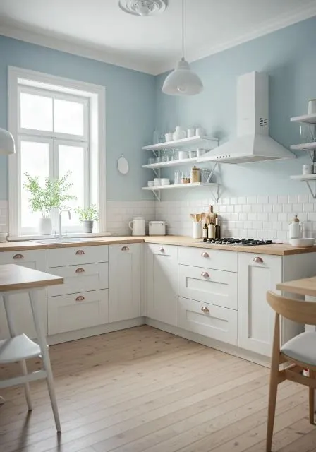 10 Warna Cat Dapur yang Bagus dan Memberi Kesan Nyaman 17 soft blue kitchen wall