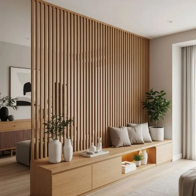 10 Sekat Ruang Tamu Minimalis yang Estetik dan Fungsional 11 vertical wood slat screens