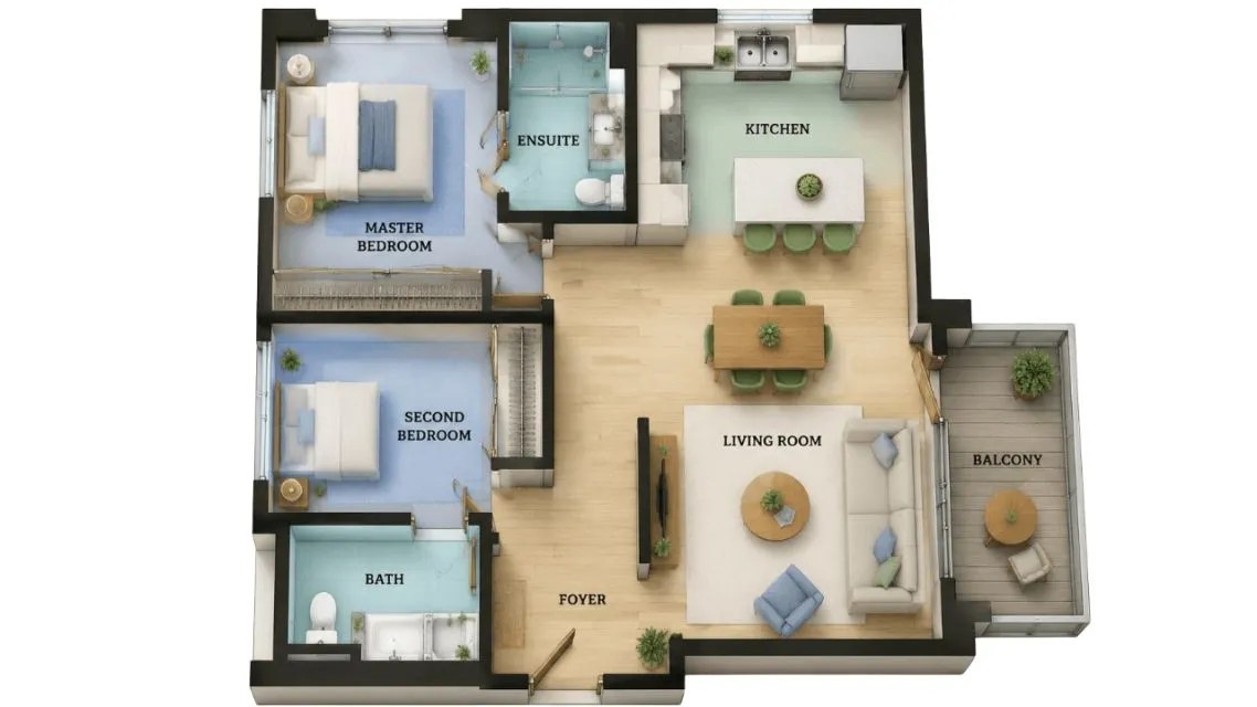 Designing Your First Room? Here Is How AI Floor Plan Makes It Way Less Stressful 11 3D house floor plan with multiple rooms.