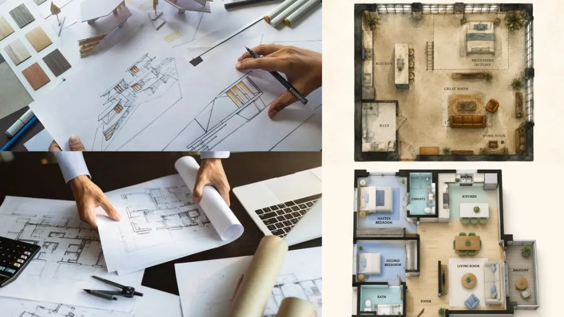 Designing Your First Room? Here Is How AI Floor Plan Makes It Way Less Stressful 14 Architect comparing AI floor plans with building blueprints.
