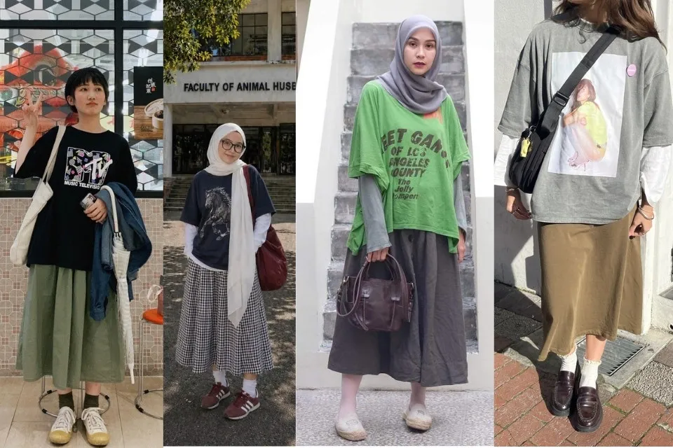 Inspirasi Outfit ke Museum yang Stylish, Nyaman, dan Instagramable 13 hipwee-Graphic Tee, Rok Midi A-Line, dan Sneakers