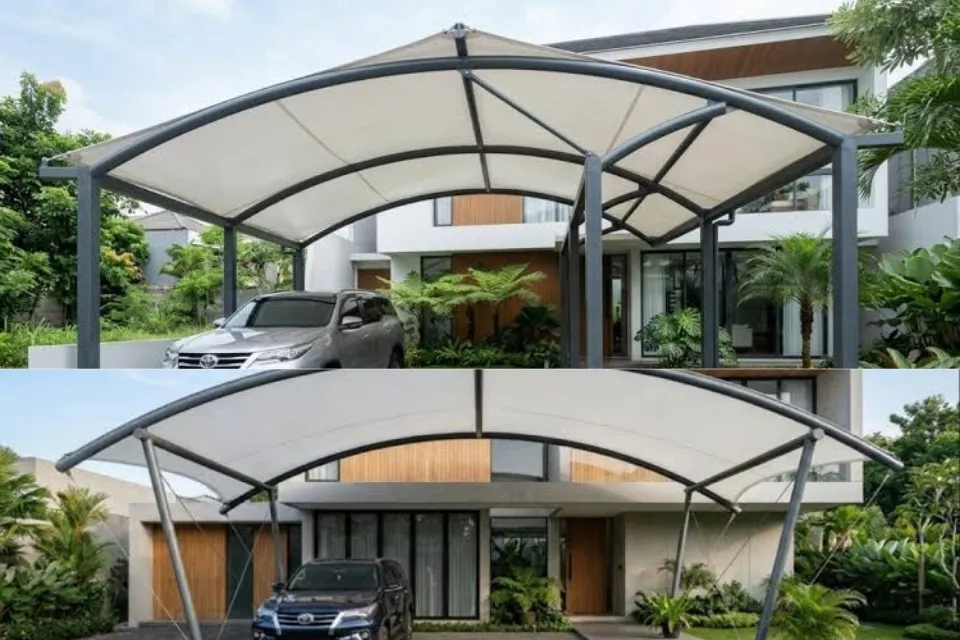 Insirasi Model Kanopi Teras Depan Rumah yang Awet dan Bikin Fasad Makin Cantik 13 hipwee-Kanopi Membran Lengkung