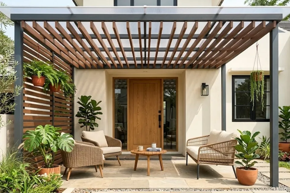 Insirasi Model Kanopi Teras Depan Rumah yang Awet dan Bikin Fasad Makin Cantik 12 hipwee-Kanopi Pergola WPC