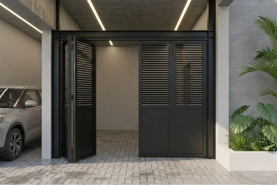 Inspirasi Model Pintu Garasi Terbaru yang Bagus, Awet dan Mudah Dirawat 12 hipwee-Pintu Lipat Berlubang atau Louver