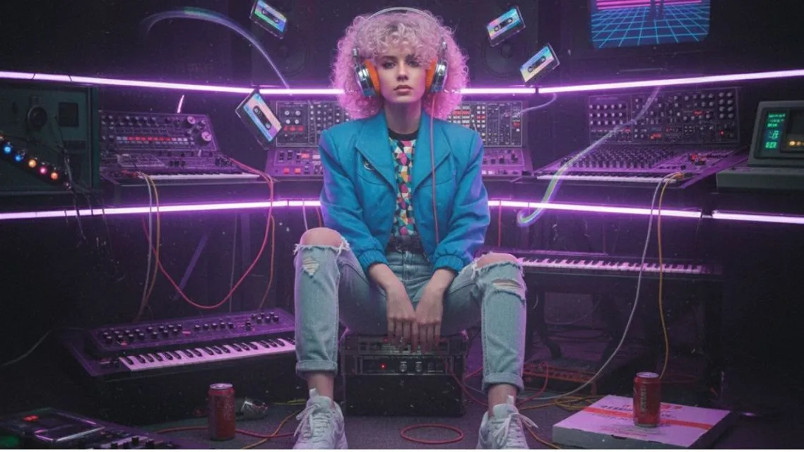No Studio? No Problem: How to Turn Your Everyday Moments into Original Music 13 A music producer in a purple neon studio creating songs.