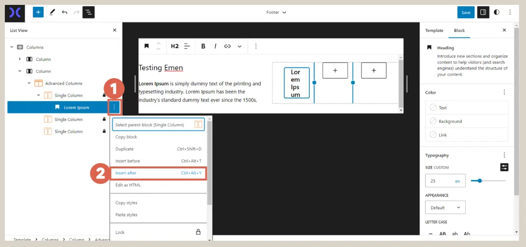 Create navigation menu in the footer