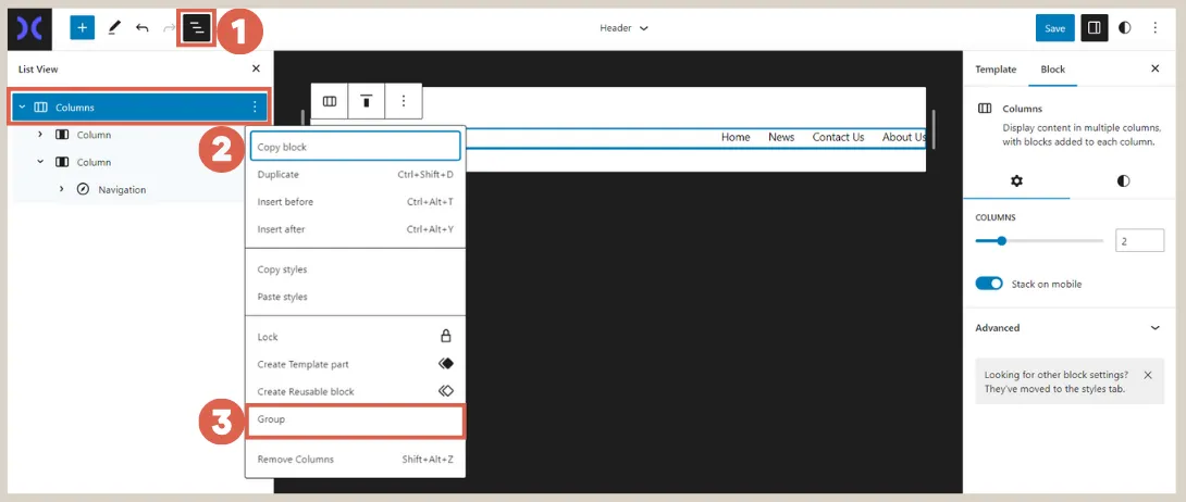 how to create custom header using Gutenberg WordPress