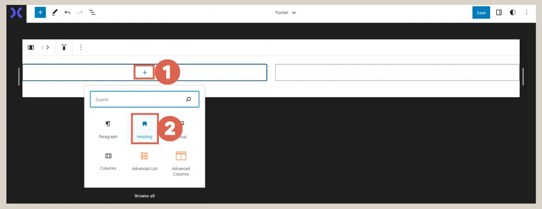 how to create footer using Gutenberg WordPress