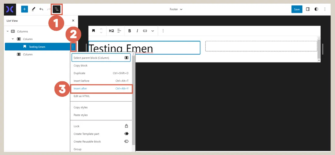 how to create footer using Gutenberg WordPress