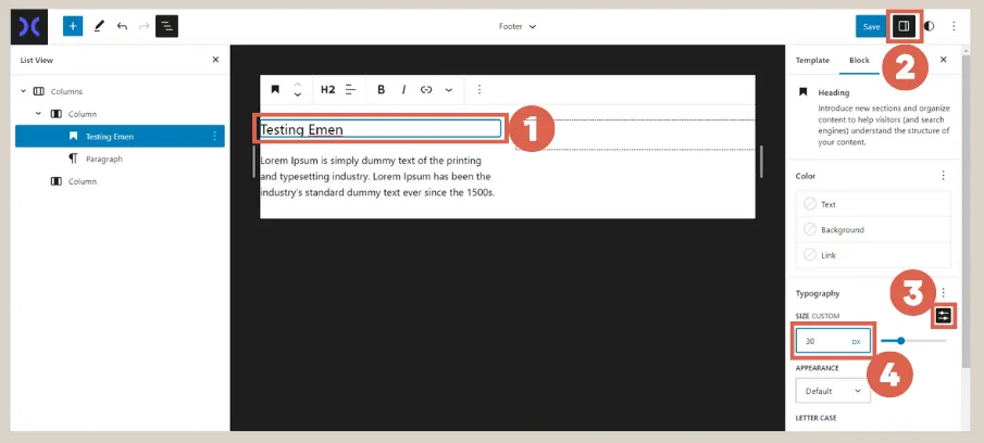 how to create footer using Gutenberg WordPress