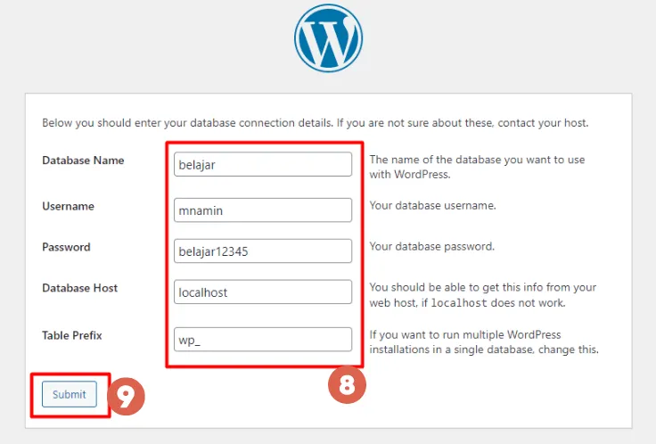 Cara Install WordPress pada XAMPP Localhost 14 Cara Install WordPress pada XAMPP Localhost - database connection details