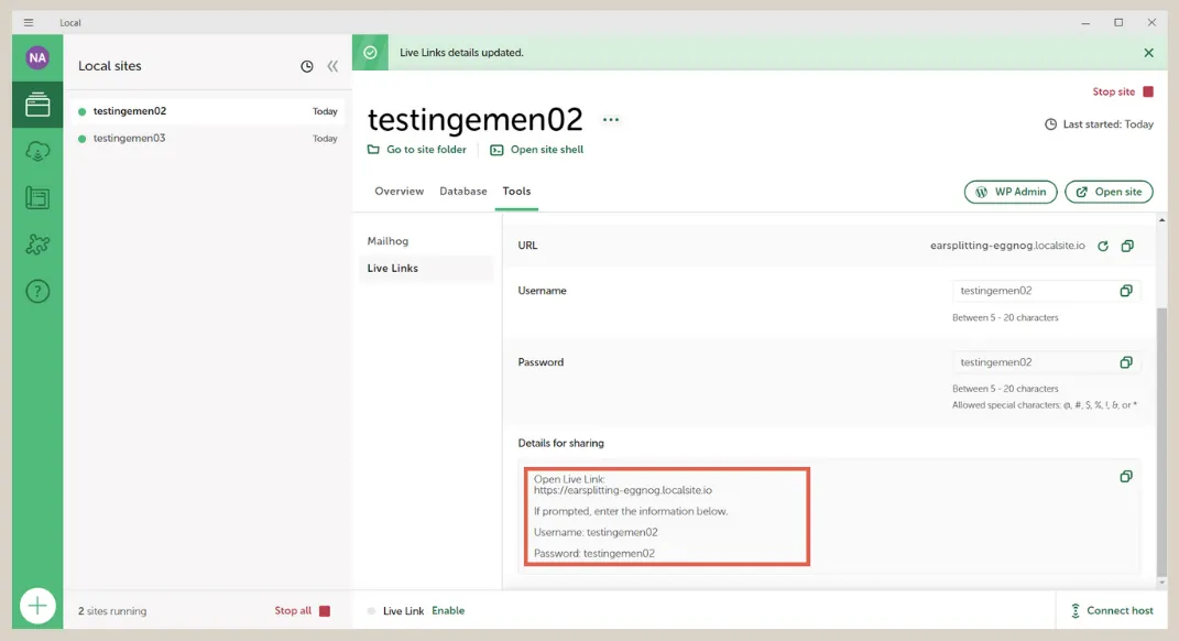 How to Enable and Use Live Links feature on LocalWP