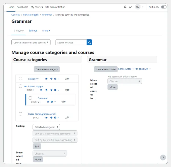 cara membuat kategori di Moodle