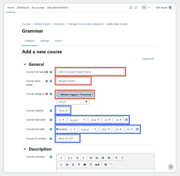 cara membuat course di moodle