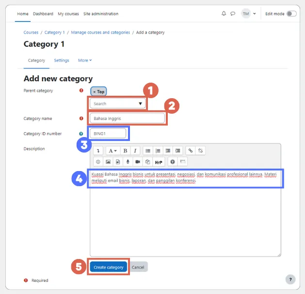 cara membuat kategori di Moodle