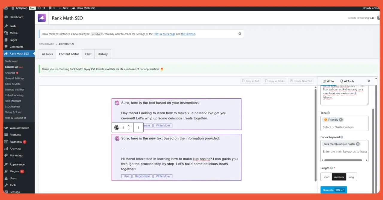 Kelemahan Rank Math SEO Content AI, tidak ada pilihan bahasa untuk content edotir AI