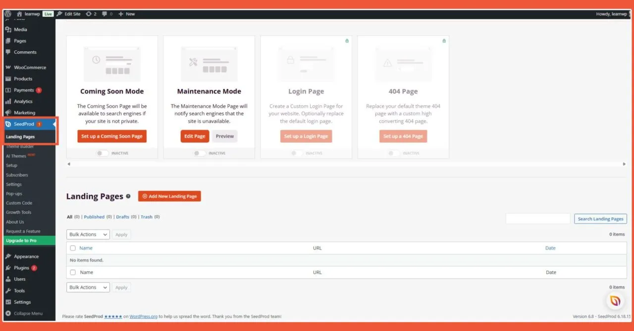 Masuk ke menu SeedProd Landing Pages Geser toggle pada tab Maintenance Mode