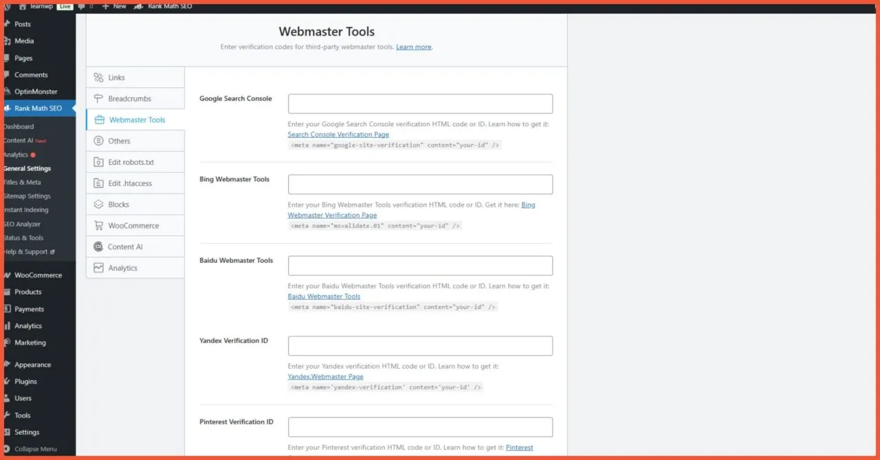 General Settings Webmaster Tools 1
