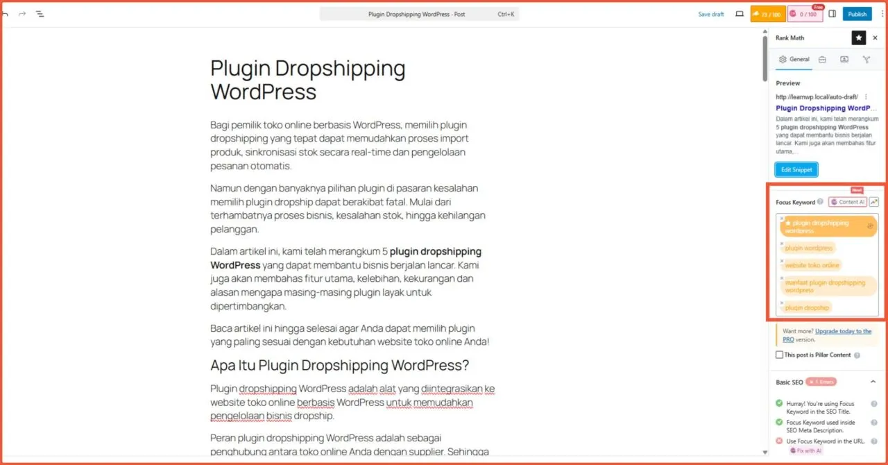 Cara setting focus keyword Rank Math