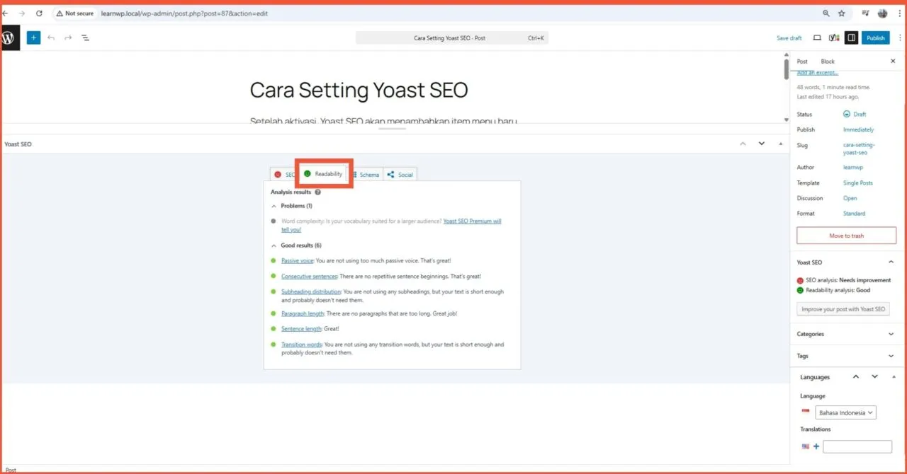 Edit SEO di post atau page Readability