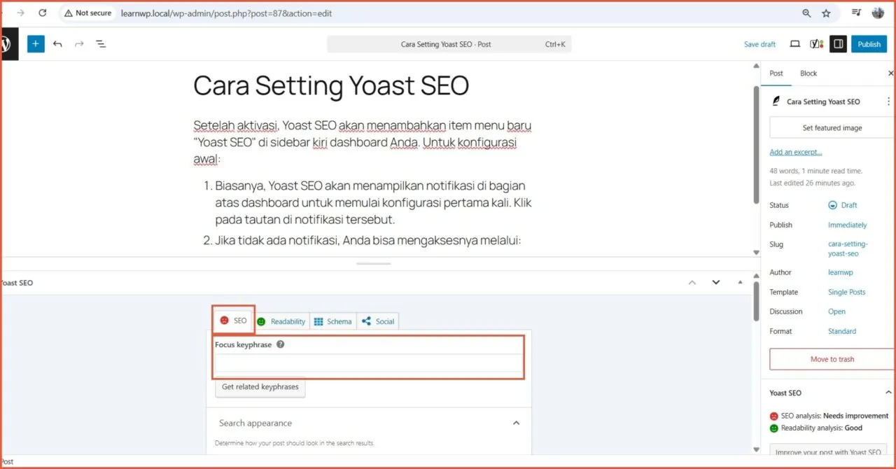 Edit SEO di post atau page focus keyword