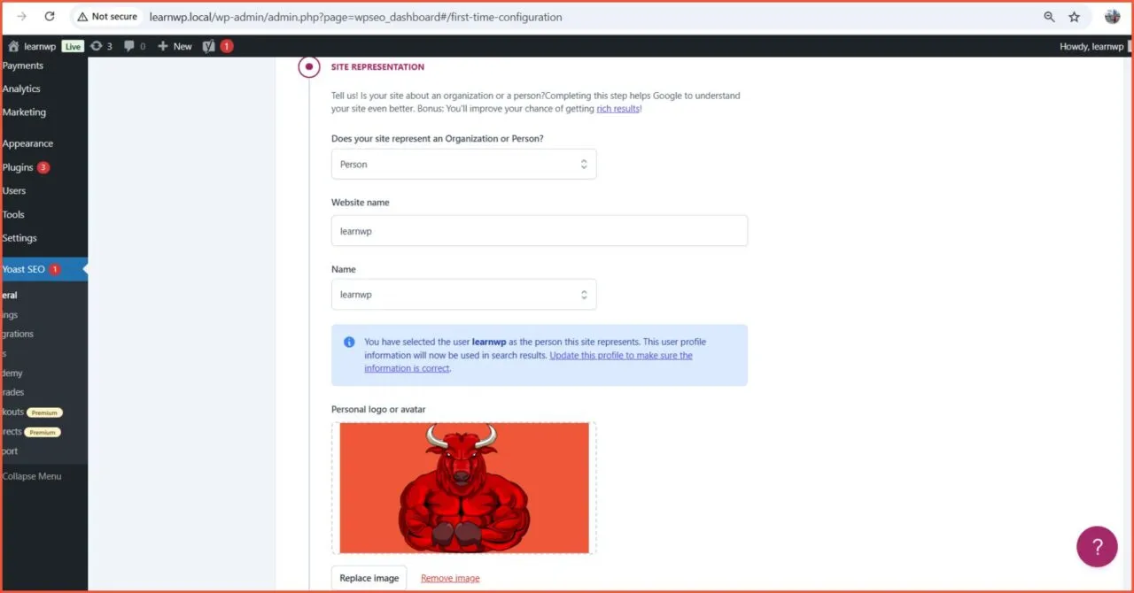 Quick Setup First time configuration Site Representation Yoast
