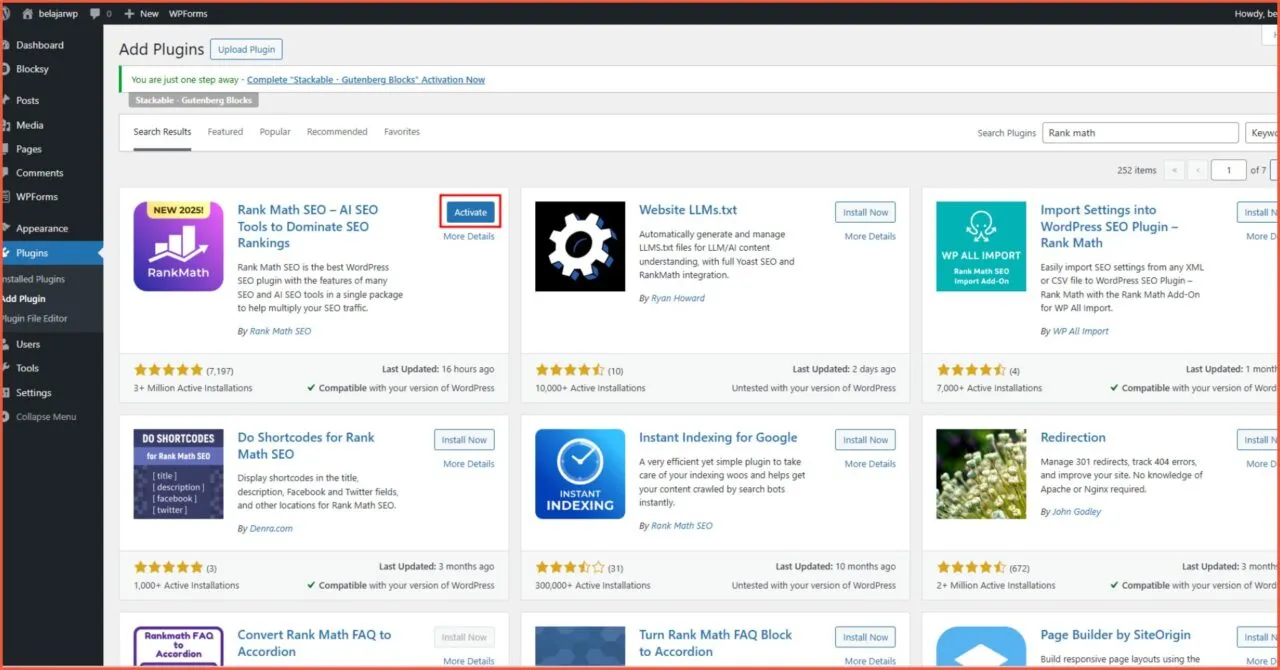 Cari rank math lalu install now dan activate