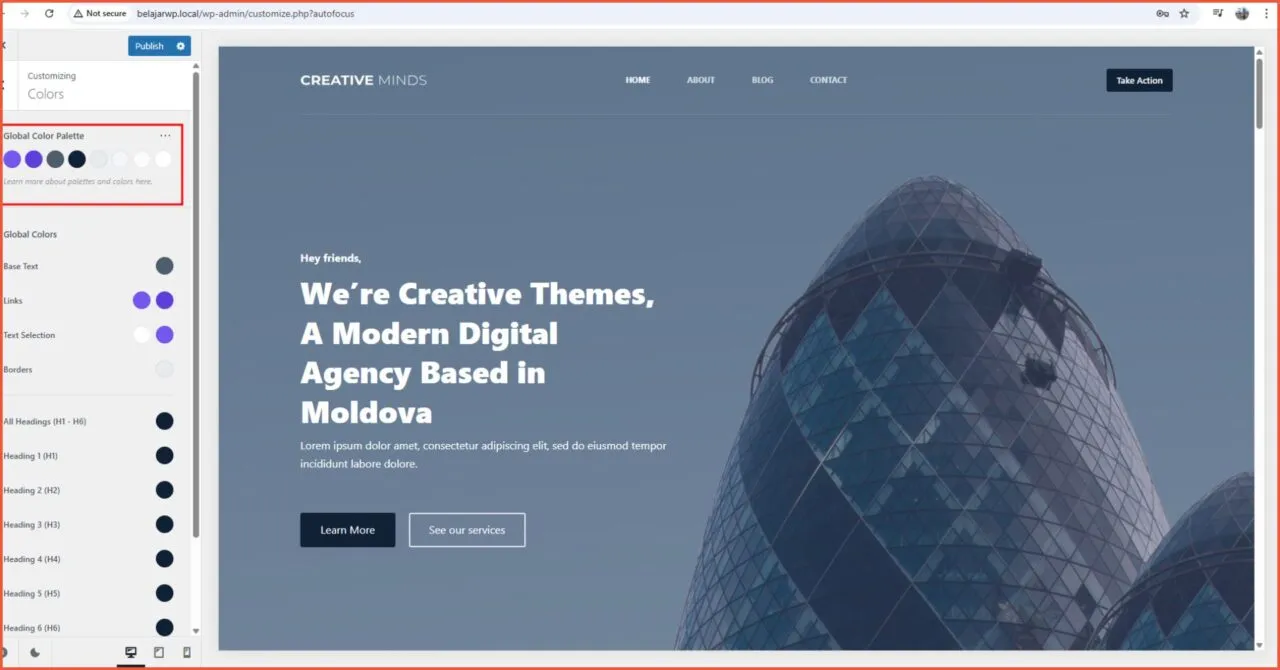 Fitur Blocksy Global color pallete