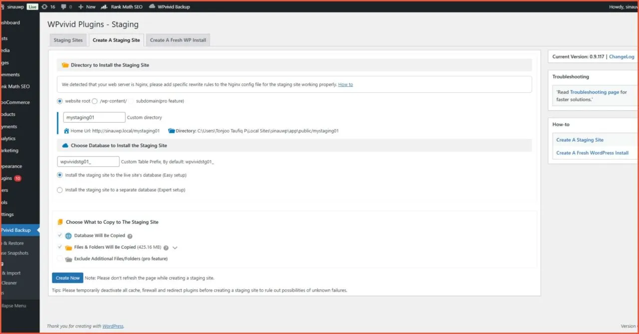 Fitur WPvivid Staging site