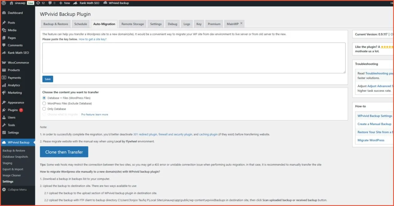 Fitur WPvivid auto migration