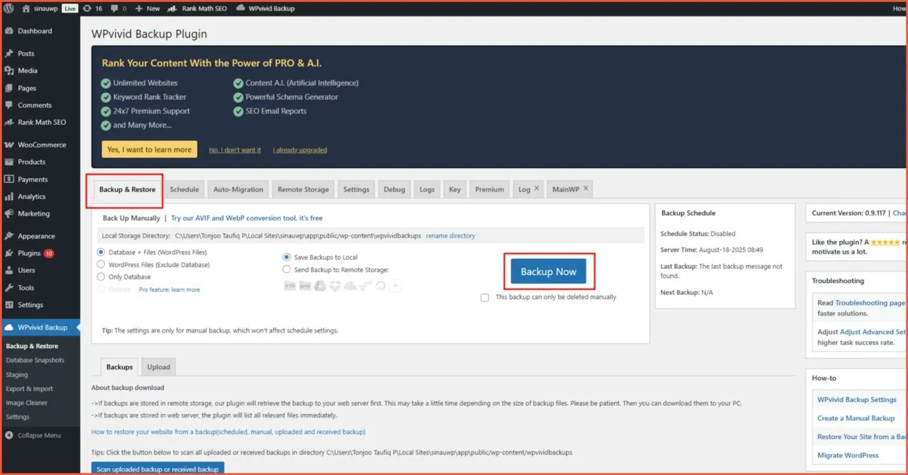 Fitur WPvivid one click backup and restore