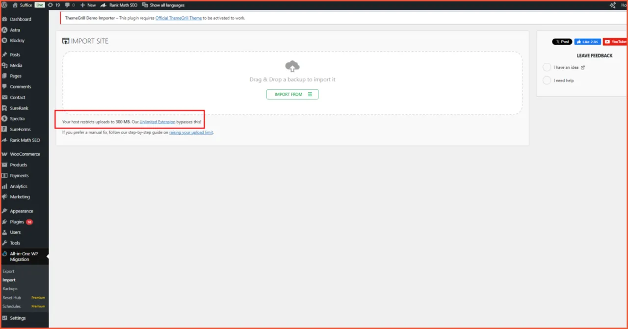 Kekurangan AIOWP versi gratis terbatas kapasitas upload