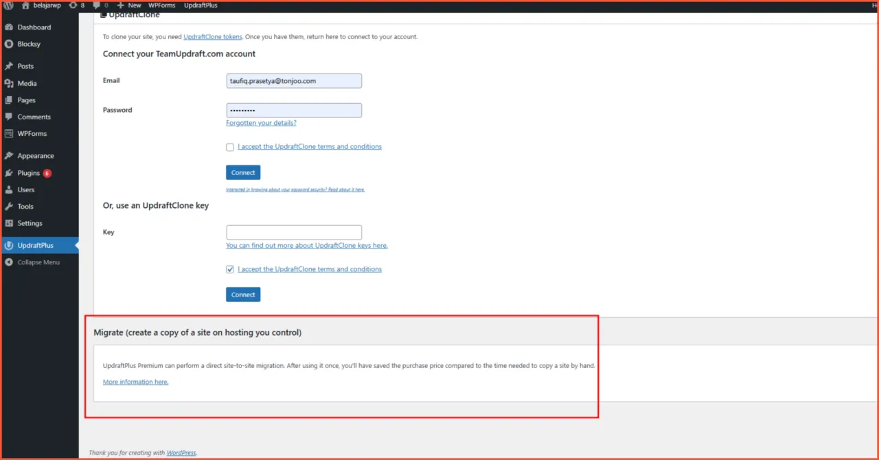 Kekurangan Updraftplus Fitur migrate adalah fitur versi pro