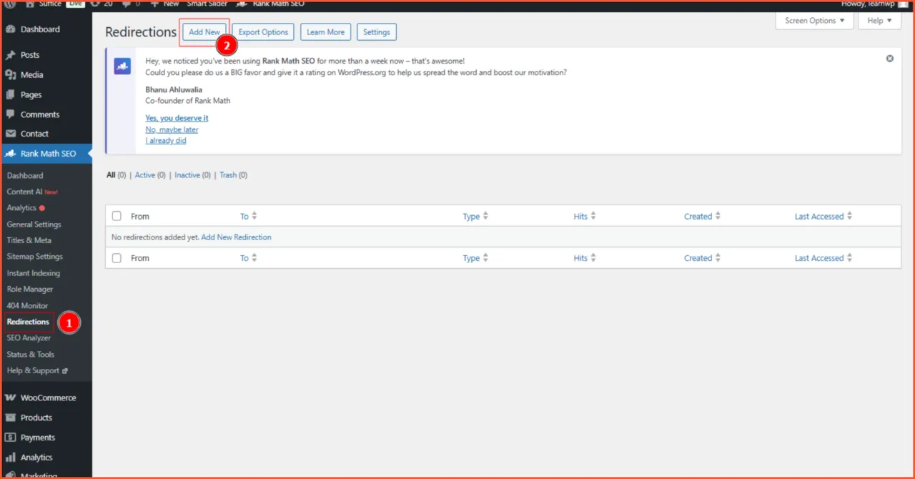 Open the Redirections Page