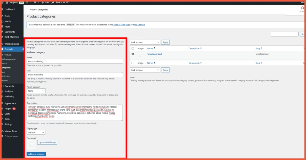 Isi form nama slug parent category jika ada