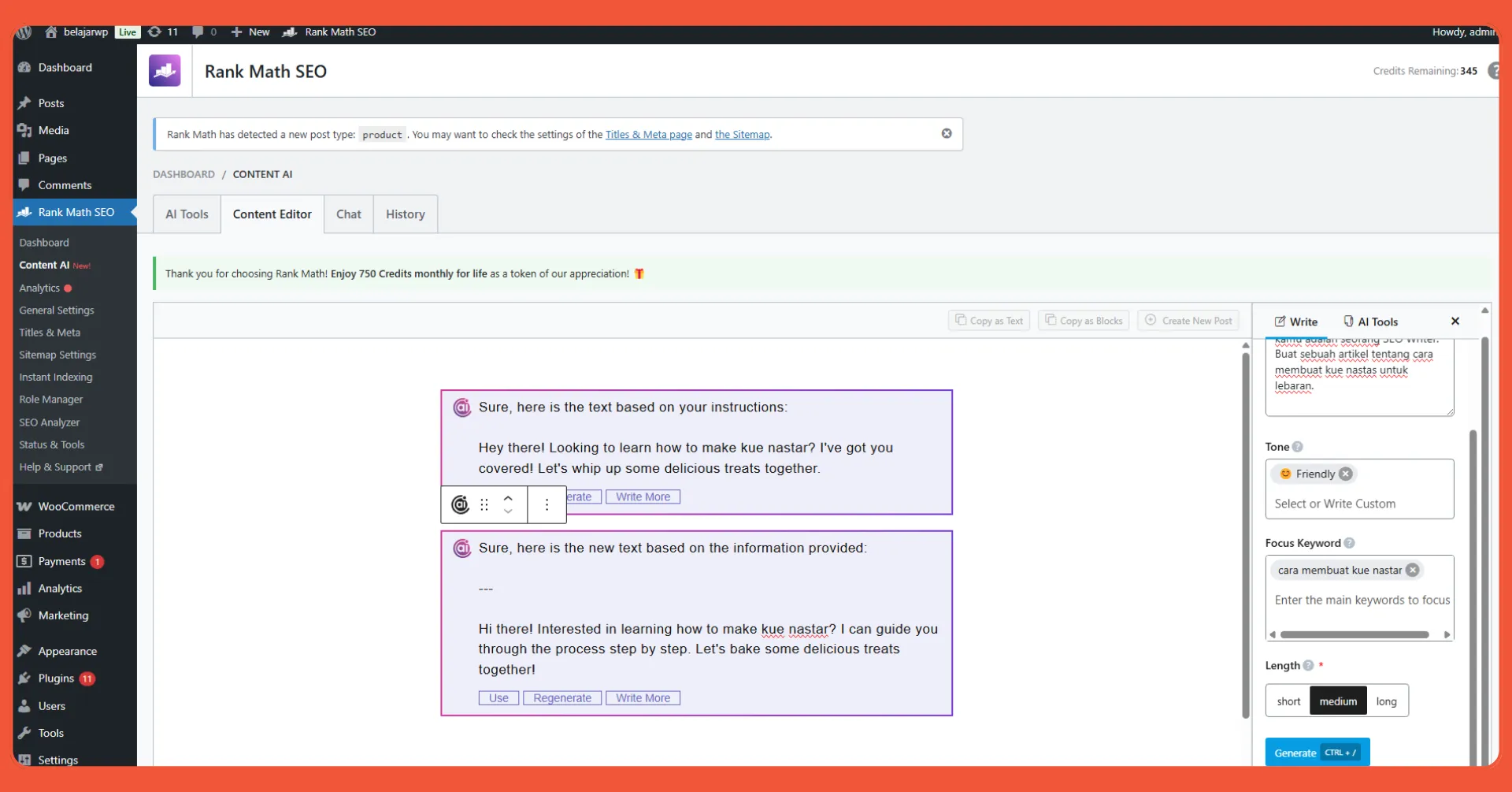 Kelemahan Rank Math SEO Content AI, tidak ada pilihan bahasa untuk content edotir AI