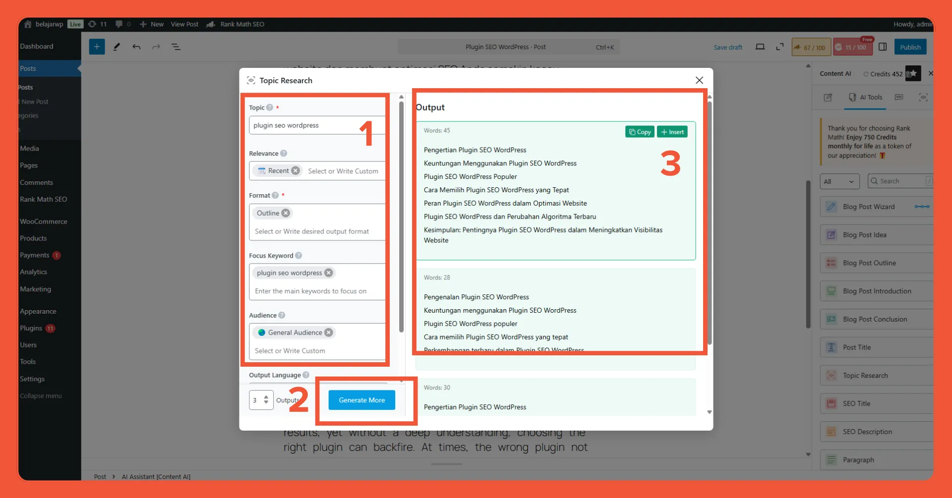 Rank Math AI Content AI untuk riset dan saran mengoptimalkan konten. 
