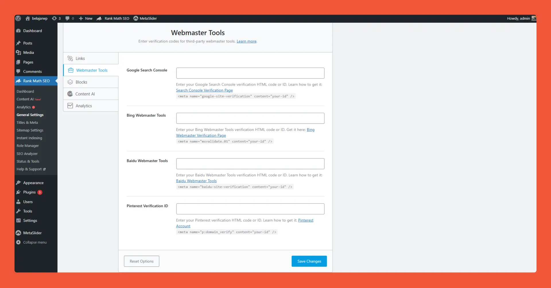 Rank Math general settings integrasi webmaster tools