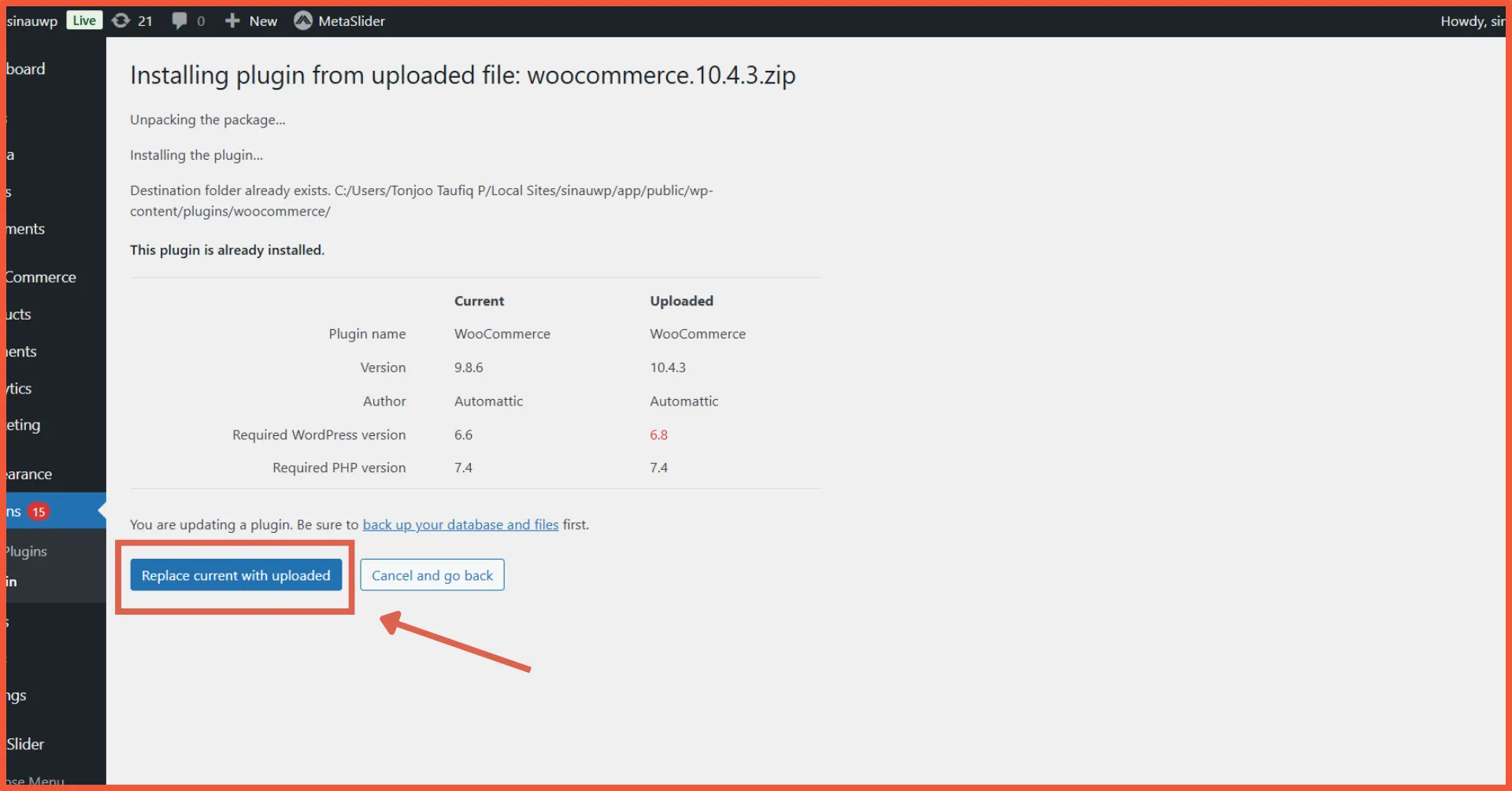 Cara Update WooCommerce Versi Terbaru 8 cara update WooCommerce klik tombol replace current with uploaded